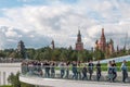 RUSSIA, MOSCOW - SEPTEMBER 16, 2017: Moscow Kremlin and St. Basil`s Cathedral view and new Poryachiy bridge in the new Royalty Free Stock Photo