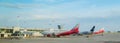 Russia, Moscow, Sheremetyevo airport, 16.08.2021. Planes are standing near the landing terminal, employees are preparing Royalty Free Stock Photo