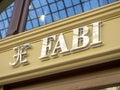 10.04.2021 Russia, Moscow. the sign of the FABI store. A well-known Italian brand of men`s and women`s shoes, outerwear and