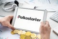 Russia Moscow 06.05.2021.Tablet with logo of Polkastarter,platform with presale of new crypto coins, tokens. Blockchain Royalty Free Stock Photo