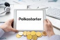 Russia Moscow 06.05.2021.Tablet with logo of Polkastarter,platform with presale of new crypto coins, tokens. Blockchain Royalty Free Stock Photo