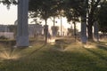 Russia, Moscow, VDNH Park. Evening watering of the garden.