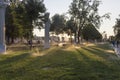 Russia, Moscow, VDNH Park. Evening watering of the garden.