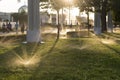 Russia, Moscow, VDNH Park. Evening watering of the garden.