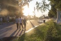 Russia, Moscow, VDNH Park. Evening watering of the garden.