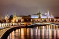 Russia, Moscow, 06, January, 2018: View from the Patriarchal Bridge to the Kremlin. New Year`s and Christmas decorations in Mosco Royalty Free Stock Photo