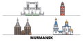 Russia, Murmansk flat landmarks vector illustration. Russia, Murmansk line city with famous travel sights, skyline