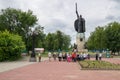 Russia. Murom. Ilya Muromets monument surrounded by tourists Royalty Free Stock Photo