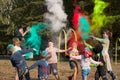 Russia, Naberezhnye Chelny, August 28, 2021: children and adults throw holi colored paints at each other and have fun. Selective f