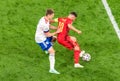 Russia national football team defender Igor Diveev against Belgium midfielder Thorgan Hazard during EURO 2020 match Belgium vs