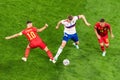 Russia national football team defender Igor Diveev against Belgium players Eden Hazard and Thorgan Hazard during EURO 2020 match