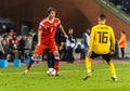 Russia national football team defender Mario Fernandes against Belgium midfielder Thorgan Hazard