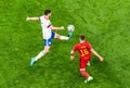 Russia national football team midfielder Magomed Ozdoyev against Belgium midfielder Thorgan Hazard during EURO 2020 match Belgium
