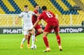 Russia national football team midfielder Roman Zobnin against Turkey players Hakan Calhanoglu and Ozan Tufan during UEFA Nations Royalty Free Stock Photo