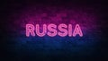 Russia neon sign. purple and blue glow. neon text. Brick wall lit by neon lamps. Night lighting on the wall. 3d illustration. Royalty Free Stock Photo