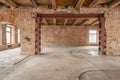 Russia, Nizhny Novgorod - March 20, 2019: Office. Loft studio Interior in old house. Big windows, brick red wall. House Royalty Free Stock Photo