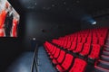 Russia, Nizhny Novgorod - may 26, 2014: Sormovsky Cinema. Empty red cinema hall seats, comfortable and soft chairs Royalty Free Stock Photo