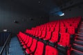 Russia, Nizhny Novgorod - may 26, 2014: Sormovsky Cinema. Empty red cinema hall seats, comfortable and soft chairs Royalty Free Stock Photo