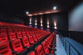 Russia, Nizhny Novgorod - may 26, 2014: Sormovsky Cinema. Empty red cinema hall seats, comfortable and soft chairs Royalty Free Stock Photo