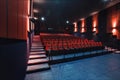 Russia, Nizhny Novgorod - may 26, 2014: Sormovsky Cinema. Empty red cinema hall seats, comfortable and soft chairs Royalty Free Stock Photo