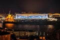 Russia, Nizhny Novgorod, May 9, 2018: View of the night stadium and the Alexander Church