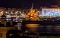 Russia, Nizhny Novgorod, May 9, 2018: View of the night stadium and the Alexander Church