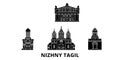 Russia, Nizhny Tagil flat travel skyline set. Russia, Nizhny Tagil black city vector illustration, symbol, travel sights