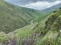 Russia, North Ossetia. Fiagdon Kurtatinsky gorge in cloudy weather in summer