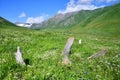 Russia, North Ossetia. Old abandoned cemetery in  upper point of Zrugskoe  gorge near abandoned village of Khozitykau in summer Royalty Free Stock Photo