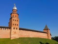 Russia, Novgorod region, Veliky Novgorod -07.08.2023. Kokui Tower and the walls of the Novgorod Kremlin