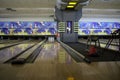Russia, bowling lanes with skittles in an entertainment children`s center Royalty Free Stock Photo