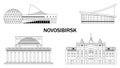 Russia, Novosibirsk city sights famouse places in line style, travel set outline, landmarks