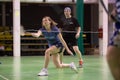 Russia, Novosibirsk, March 29, 2019. Athletes train in badminton courts Royalty Free Stock Photo