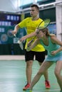Russia, Novosibirsk, March 29, 2019. Athletes train in badminton courts Royalty Free Stock Photo