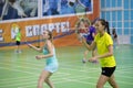 Russia, Novosibirsk, March 29, 2019. Athletes train in badminton courts Royalty Free Stock Photo