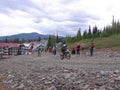 men on motorcycles ride in the mountains on the bikers highway Royalty Free Stock Photo