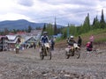 men on motorcycles ride in the mountains on the bikers highway Royalty Free Stock Photo