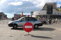 Russia, Novosibirsk 30.06.2019: a police car blocks the passage for people the streets in the city are closed it is forbidden to