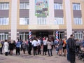 Russia, Novosibirsk, September 1, 2012: a large crowd of parents and first-graders near the school came to classes with students