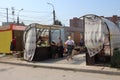 Russia, stalls with sellers street pavilions for the sale of products with buyers in the city Royalty Free Stock Photo