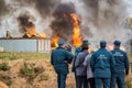 Russia - October 2019: Employees of the Russian Ministry of Emergency Situations MES on the background of burning buildings