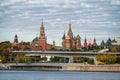 Russia. October 14, 2022: Panoramic view on Moscow Red Square, Kremlin towers, stars and Clock Kuranti, Saint Basil\'s