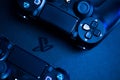 Russia, OKTOBER 24 2019: PS4 console background. Playstation 4 controllers. Sony gaming console - Image