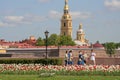 Russia, old St. Petersburg. People in the city, a bright summer day, flowers, people in historical costumes, old town, Peter and P