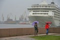 Russia, old St. Petersburg. People in the city, rain, people with umbrellas, port, pier ships, sights, urban landscape