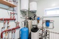 Russia, Omsk- August 02, 2019: interior boiler room. heating system, pipes and appliances