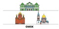 Russia, Omsk flat landmarks vector illustration. Russia, Omsk line city with famous travel sights, skyline, design.