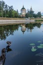 Russia. Oryol Oblast Assumption Cathedral. Oka. Ducks are sitting on a log