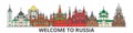 Russia outline skyline, russian flat thin line icons, landmarks, illustrations. Russia cityscape, russian travel city