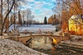 Russia, Pavlovsk - November 13, 2023: Bridge of Centaurs in Pavlovsk Park covered with snow in late autumn